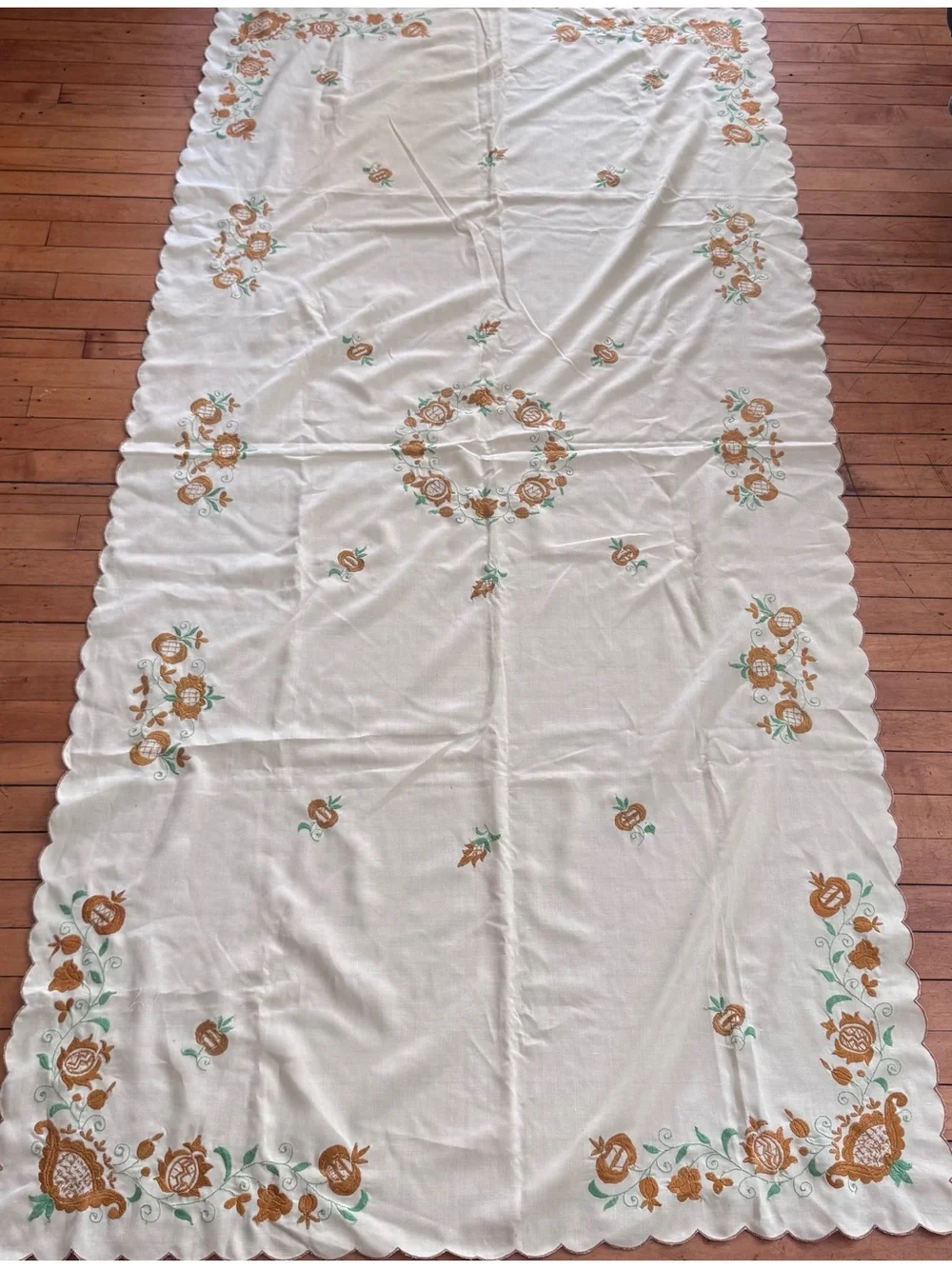 Vintage Floral Yellow gold & Green cotton tablecloth embroidered crewel large